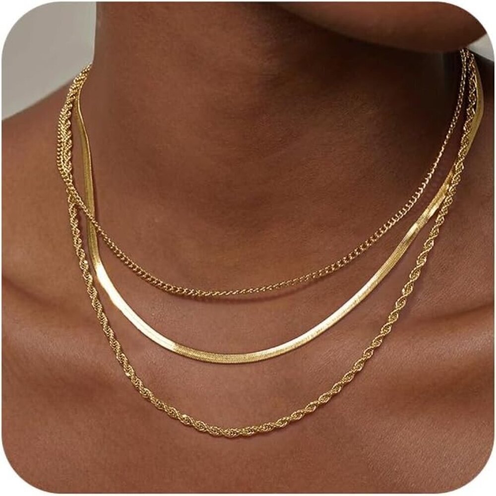 Gold Herringbone Necklace Dainty 14k Gold Plated Chain for Women Layered